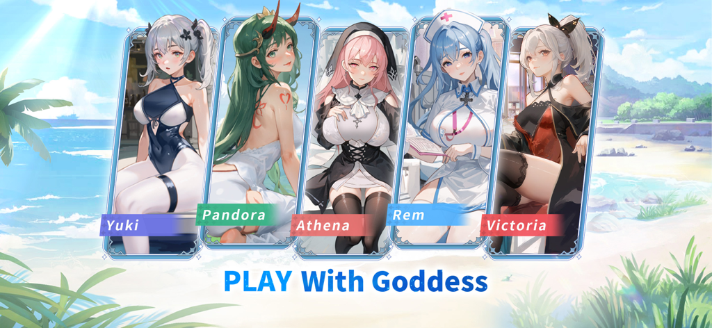 Arcadia: Breath of the Land - Five anime style goddess characters named Yuki Pandora Athena Rem and Victoria on a tropical beach background