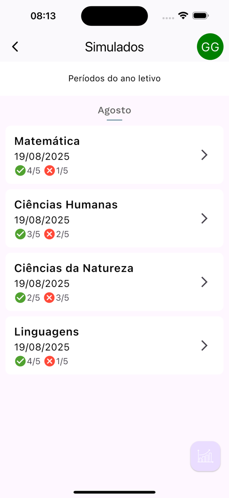 A screen in the Escolar Manager Smart app showing simulated exam results and performance across different school subjects
