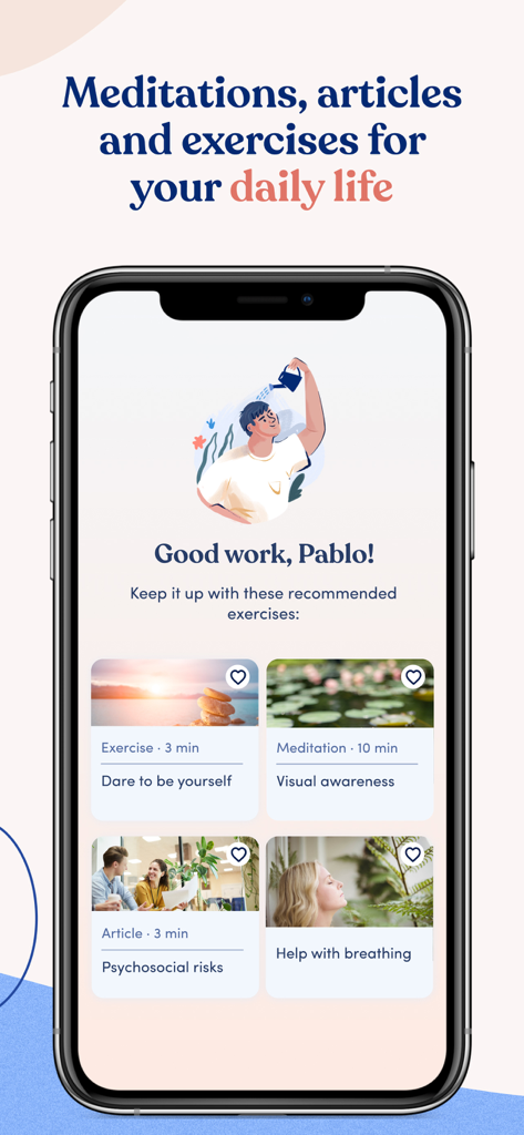 Pantalla de la aplicación ifeel mostrando artículos de meditación recomendados y ejercicios para el bienestar emocional diario