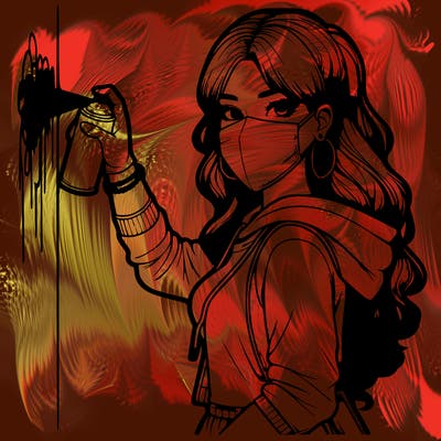 realistic girl with mask spray painting a wall