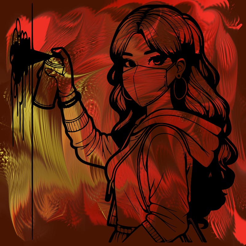 realistic girl with mask spray painting a wall