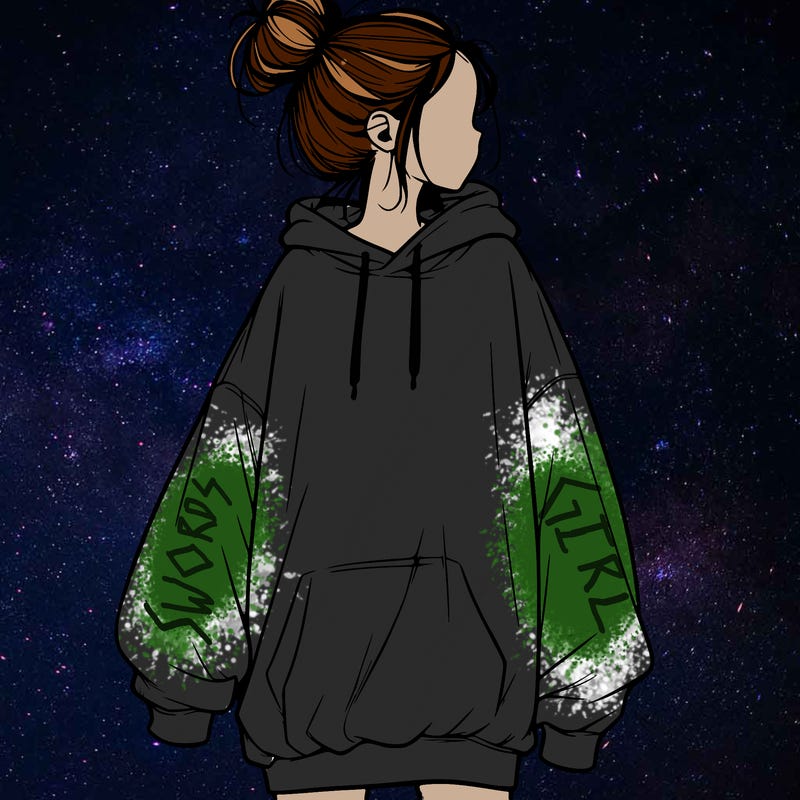 realistic girl with a oversized sweatshirt on and a bun