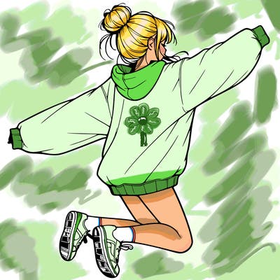 realistic girl jumping with a bun and oversized sweatshirt