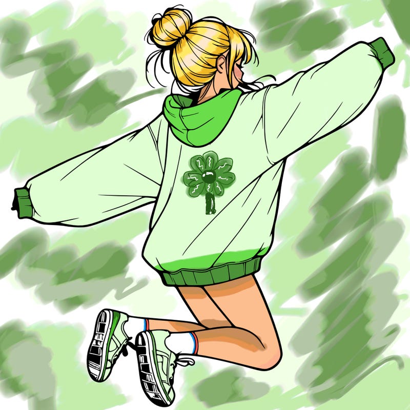 realistic girl jumping with a bun and oversized sweatshirt