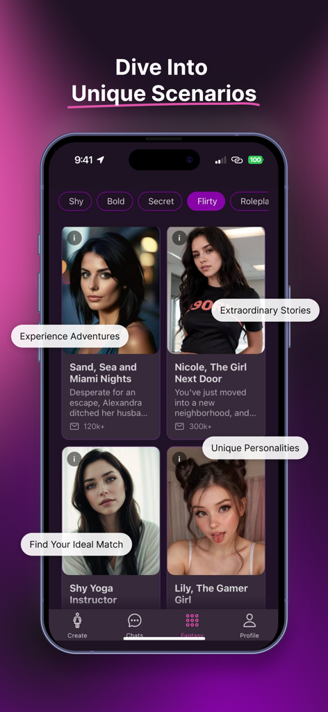 Mobile screen of SpicyGF app showing various AI girlfriend characters and roleplay scenarios including a gamer girl and a yoga instructor.