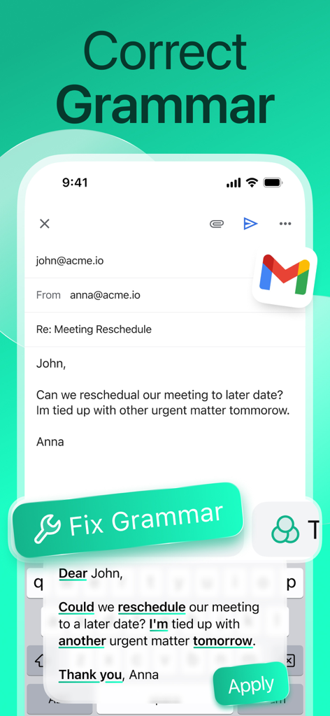 AI Type: Al Keyboard Extension - AI Type keyboard extension fixing grammar and spelling in a mobile email draft