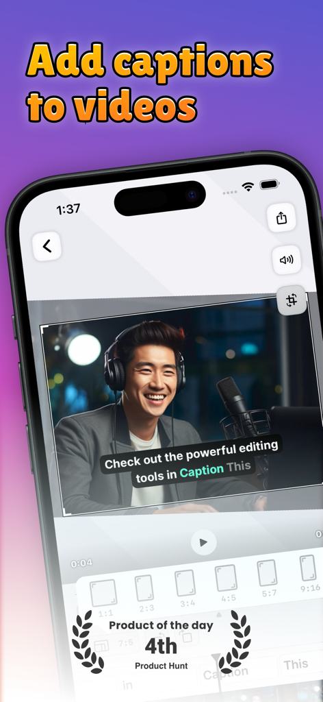 A smartphone screen showing the Caption This app adding captions to a video