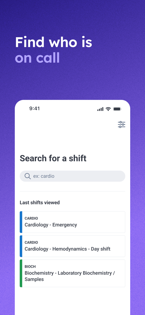 Petal Health - Petal Health App-Oberfläche mit Suche nach medizinischen Schichten und Bereitschaftsdienstplan