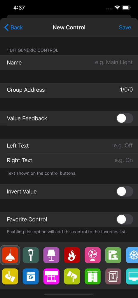 La pantalla Nuevo Control en la aplicación Easy KNX que muestra la configuración de la dirección de grupo y una fila de iconos de colores para dispositivos del hogar inteligente.