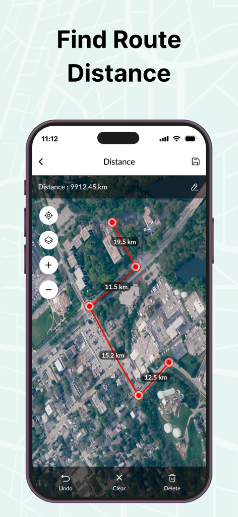 GPS Area Measure Map - Interfaz de la aplicación GPS que muestra la medición de distancia de una ruta en un mapa satelital