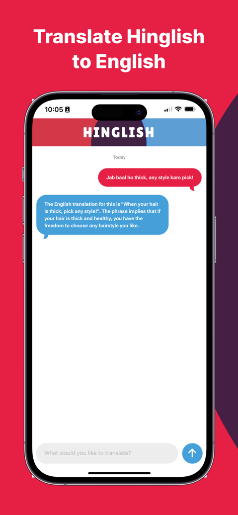 Hinglish to English translation app interface showing a chat conversation