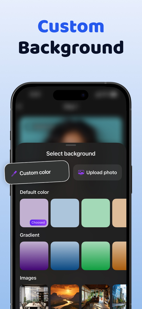 Synthesia AI app interface showing custom background options with colors gradients and images