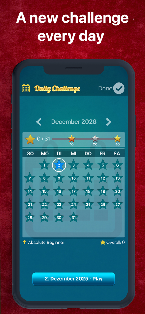 A smartphone screen showing the Super Solitaire daily challenge calendar with monthly star progress