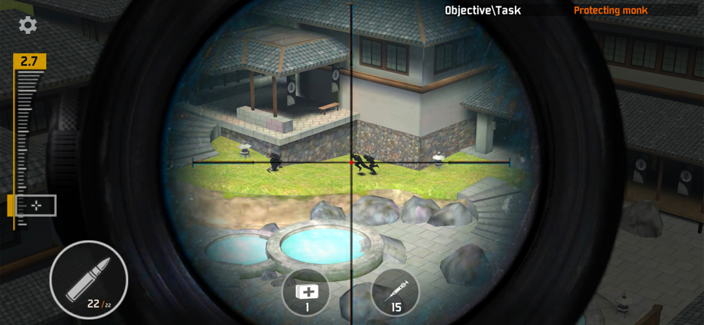 Sniper Honor: 3D Shooting Game - Sniper rifle scope view of targets in a Japanese garden during a mission in Sniper Honor