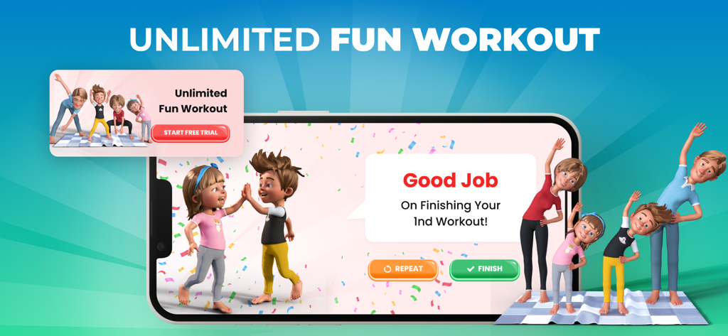 Kids Workout: Exercise at Home - Animated children and parents exercising with a Good Job reward message on screen