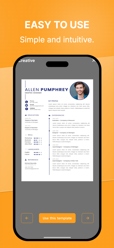 CV Maker - Professional Resume - Una plantilla de currículum moderna en la pantalla de un smartphone de la aplicación CV Maker