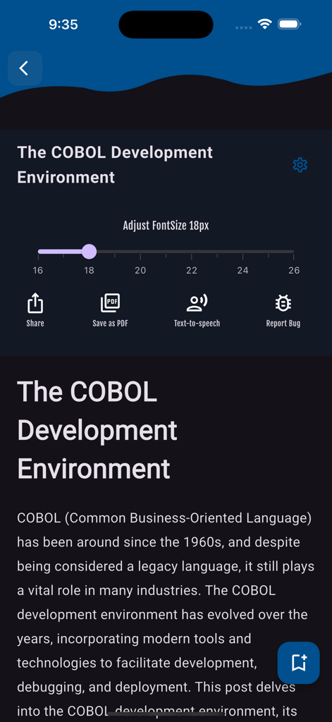 Learn COBOL Programming - Schermata dall'app Impara la programmazione COBOL che mostra una lezione sull'ambiente di sviluppo con opzioni text to speech e pdf export
