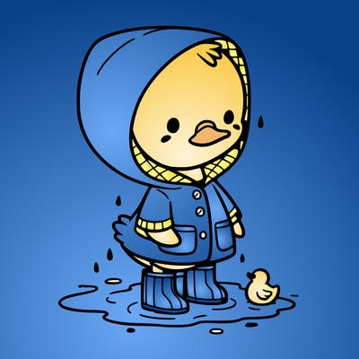 baby duck in a rain coat and boots, in a puddle while it’s raining