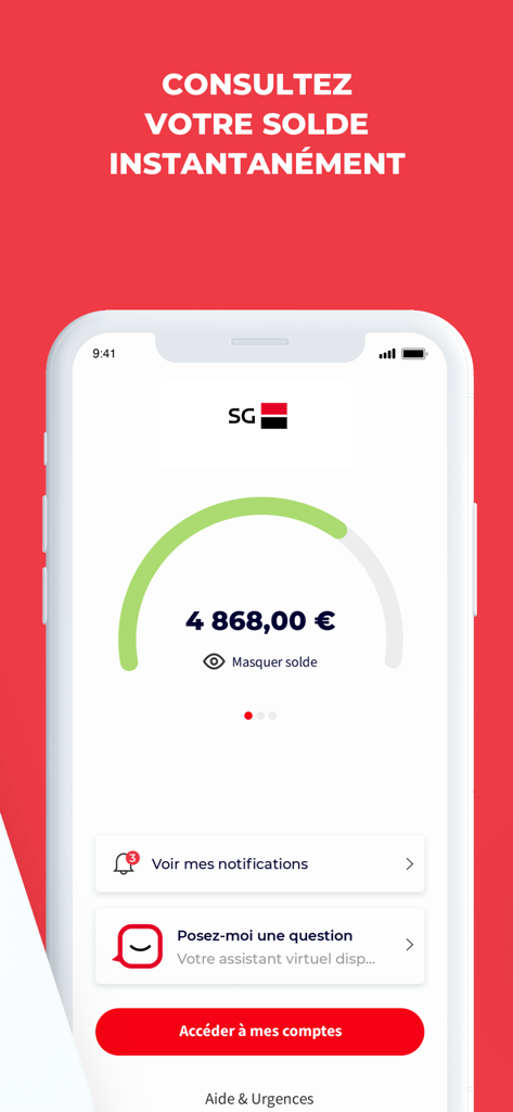 L Appli SG mobile interface displaying an account balance and banking notification options
