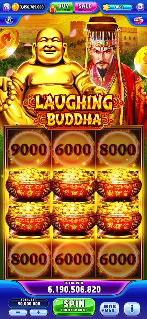 Dragon Jackpot Slots Casino - Gameplay of the Laughing Buddha slot machine featuring money ball bonuses and a massive jackpot win