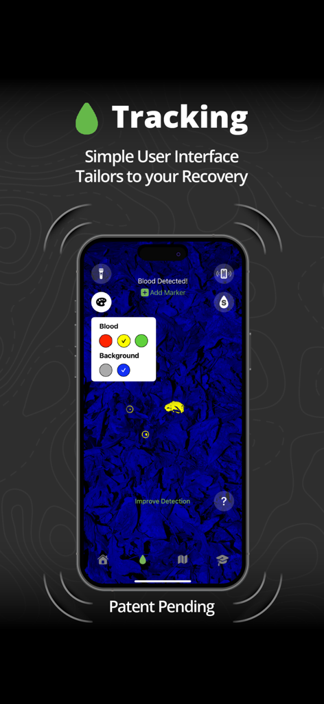 Track N Trail - Hunting & Maps - Track N Trail app smartphone interface showing patent pending machine vision blood tracking technology for game recovery.