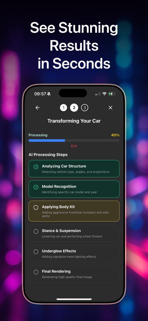Interface mostrando as etapas do processamento de IA para uma modificação de carro, incluindo kit de carroceria e ajuste de suspensão
