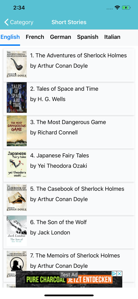 A list of English short stories in the Offline Books app including titles by Arthur Conan Doyle and H.G. Wells