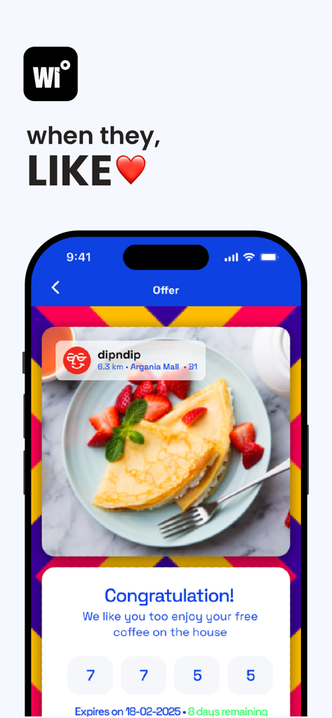 Within - dipndipというカフェからの無料コーヒーの地域ビジネスオファーを示すWithinアプリのスクリーンショット