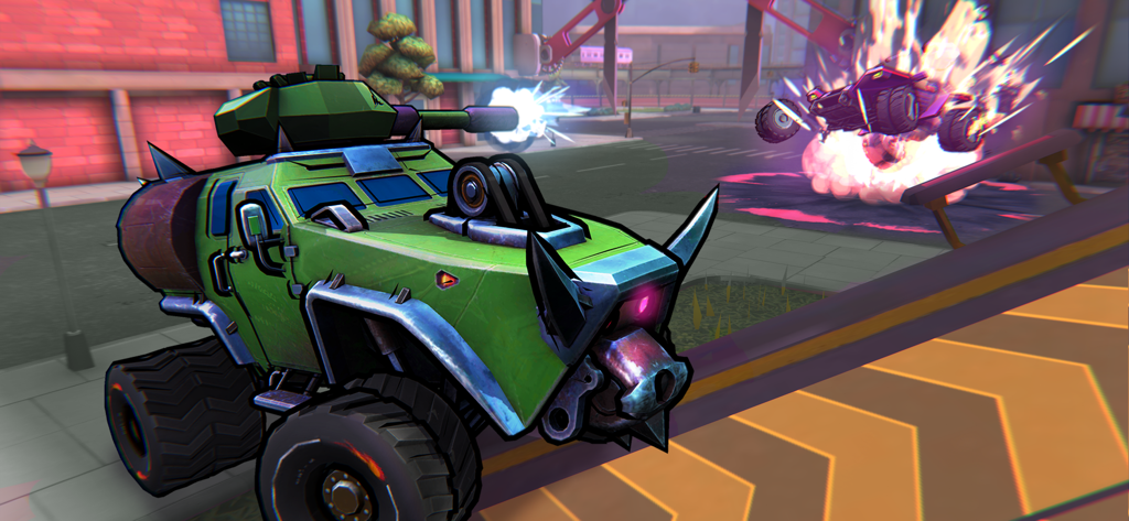 Battle Cars: Nitro PvP Shooter - A green armored vehicle with a turret engaging in vehicular combat with an explosion in the background