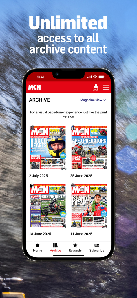 MCN: Motorcycle News Magazine - MCN app archive screen showing previous motorcycle magazine editions