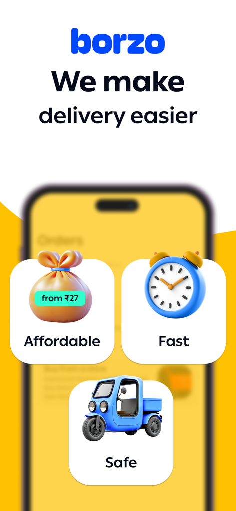 Borzo courier delivery app screen highlighting affordable fast and safe service options