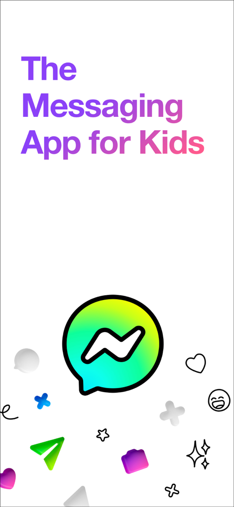 Introductory screen for Messenger Kids with the app logo and title reading The Messaging App for Kids