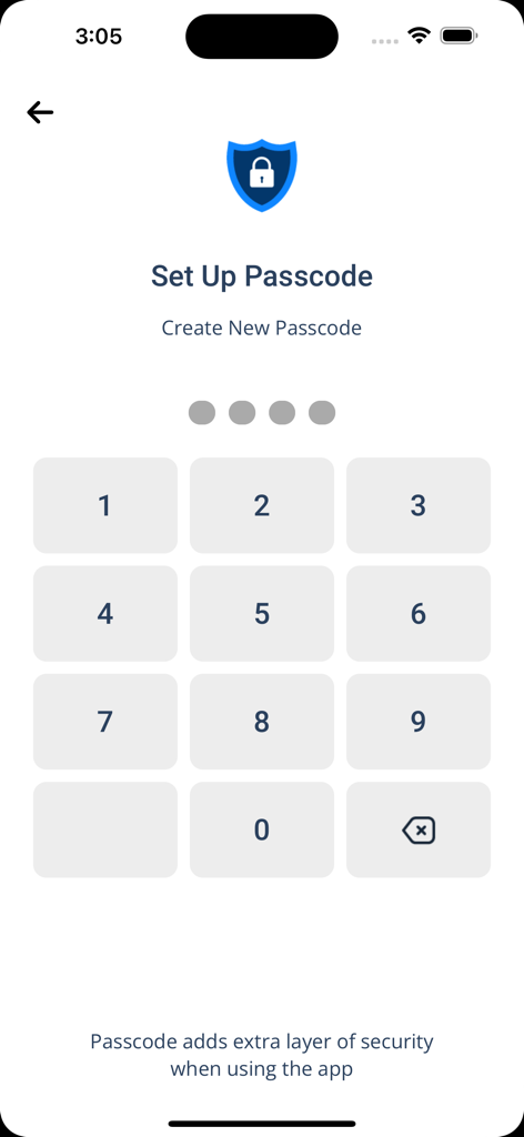SFA360 - SFA360 app security screen for setting up a new passcode with a numeric keypad