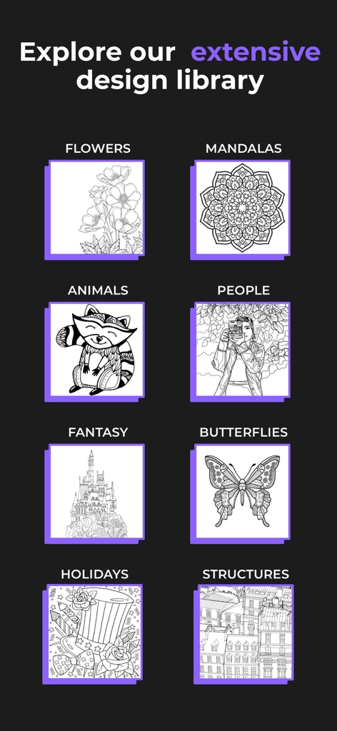 A grid display of various coloring categories in the Pigment app including flowers, mandalas, animals, and fantasy.