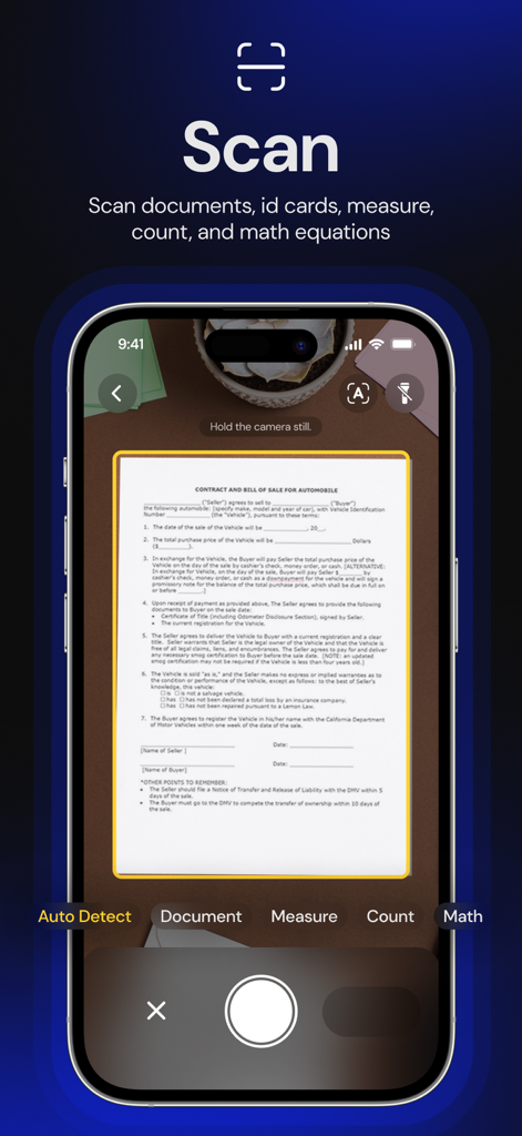 Atlas AI: PDF Document Scanner - Una pantalla de iPhone que muestra la aplicación Atlas AI escaneando un documento de contrato utilizando su función inteligente de autodetección.