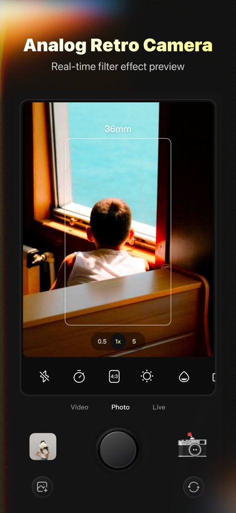 Kapi Cam app interface showing a real-time analog retro filter preview with Y2K aesthetic.