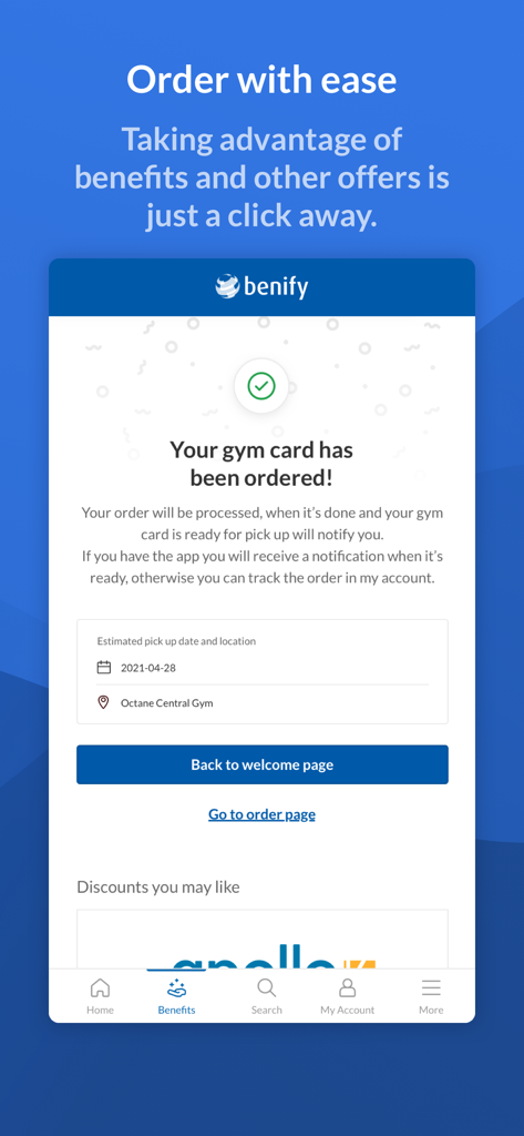 Benify - Benifyアプリ画面、従業員向けジムカード特典の注文完了画面を表示