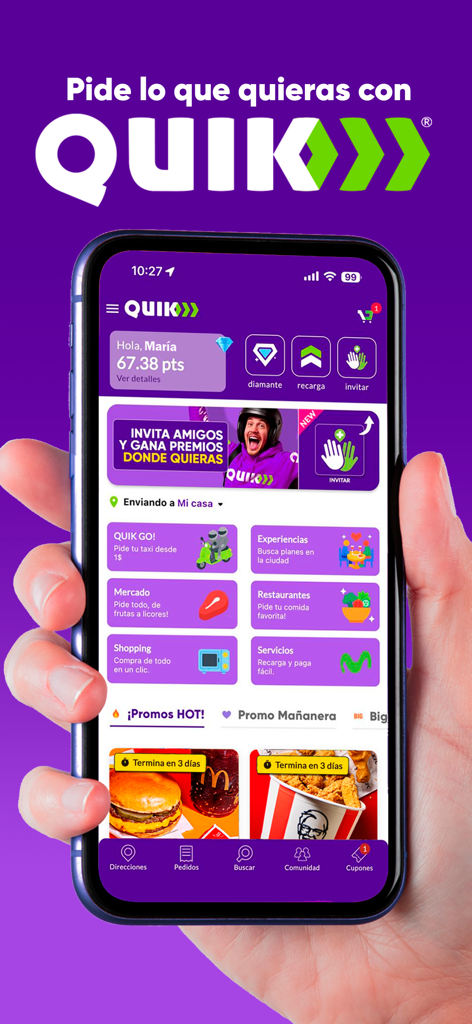 QUIK: Pago y Delivery - Pantalla de inicio de la aplicación QUIK mostrando varios servicios de entrega como comida y comestibles