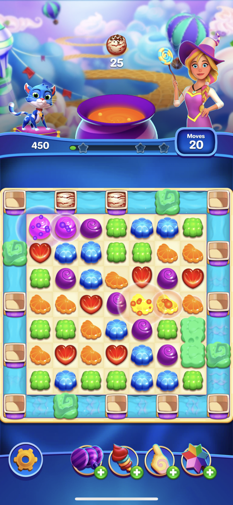 Crafty Candy - Magical match 3 puzzle grid in Crafty Candy featuring Candice the witch and Cookie the kitten