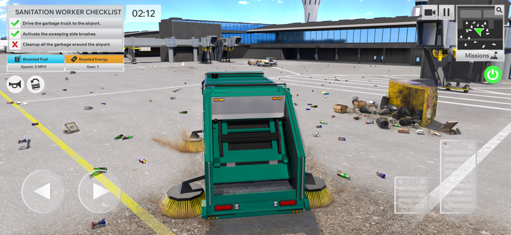 Airplane Pilot Airport Tycoon - Un camión de saneamiento verde barriendo basura en el asfalto de un aeropuerto en el juego Magnate de Aeropuerto Piloto de Avión.