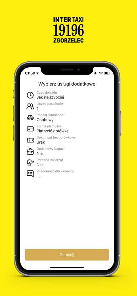 Taxi Zgorzelec - Taxi Zgorzelec mobile app interface for choosing ride options like car type and payment method