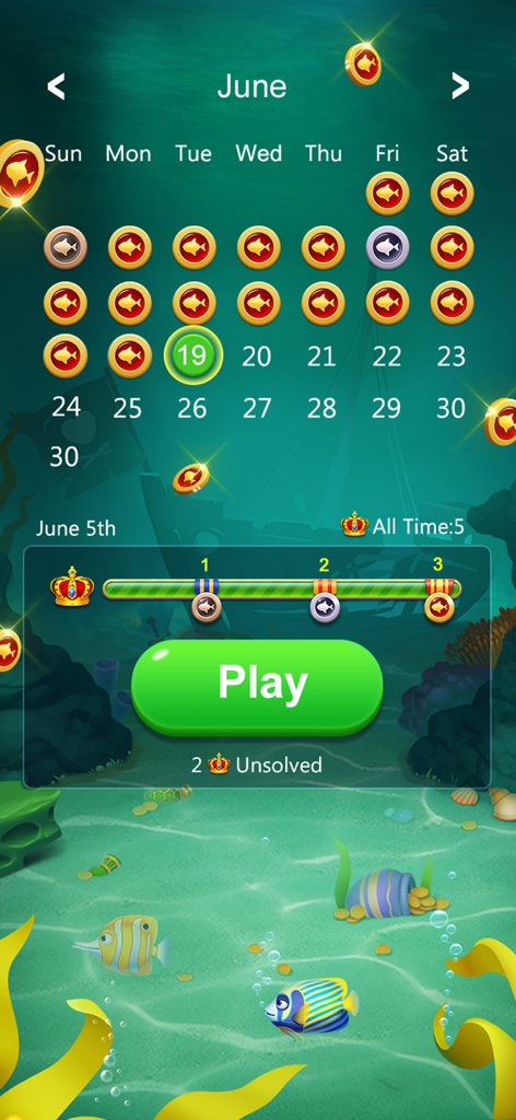 Solitaire Spider Fish - Menú del calendario de desafíos diarios de Solitario Spider Fish con tema oceánico submarino