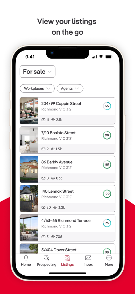Ignite by realestate.com.au - A mobile app screen showing a list of real estate properties with views and enquiry stats