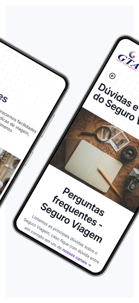 GTA: Seguro Viagem - Captura de tela do aplicativo GTA Travel Insurance mostrando a seção de perguntas frequentes com imagens temáticas de viagem.