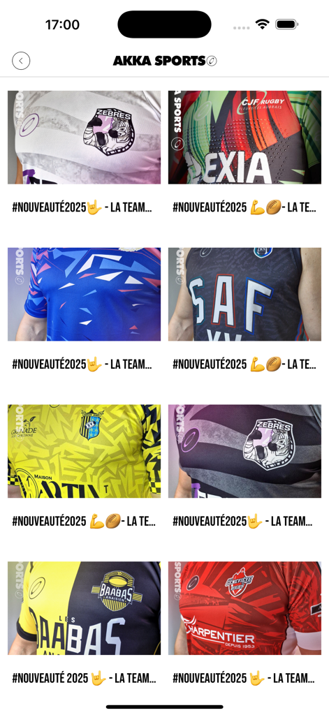 Akka sports - A grid showing various custom sports jerseys and team apparel designs in the Akka Sports app