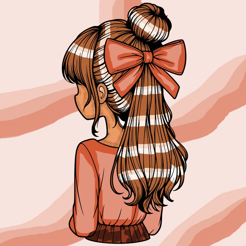realistic girl  with hip length hair a bun and a big bow on the back of head