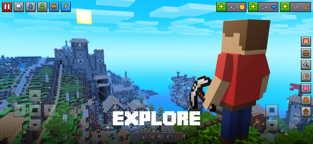 A block character with a pickaxe overlooking a vast voxel world with a castle and ship.