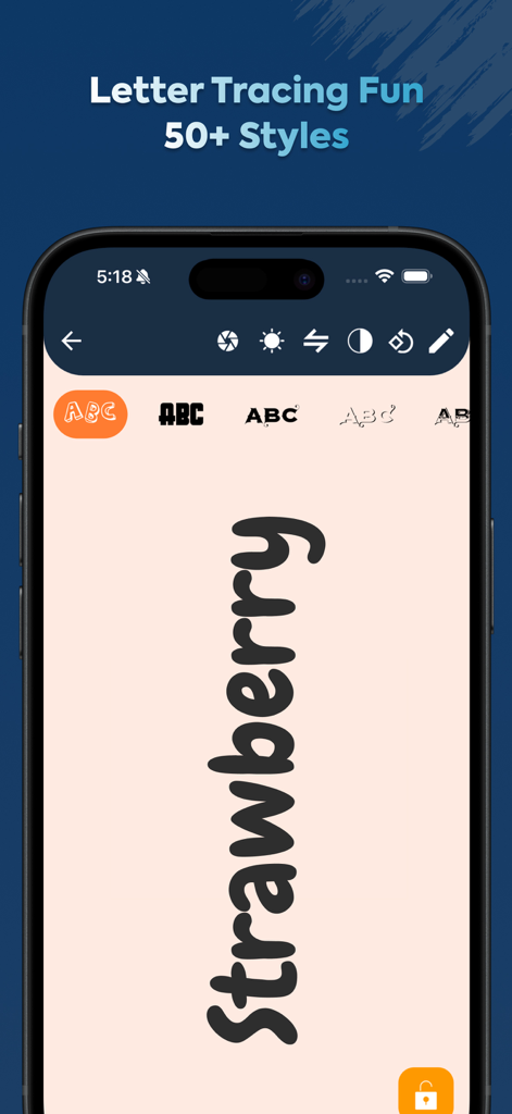 How to Draw & Tracing Letters - Pantalla móvil que muestra la palabra Fresa en una aplicación de trazado de letras con varias opciones de estilo de fuente