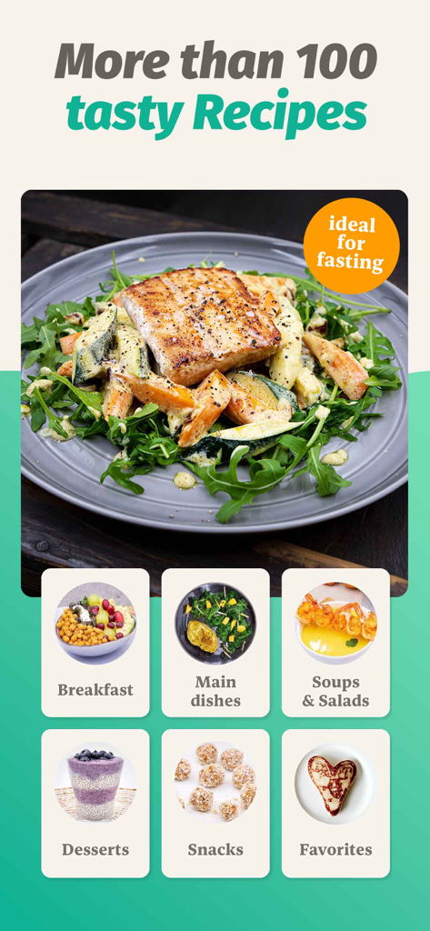 A screen from the BodyFast app showing categories for over 100 healthy recipes including breakfast, main dishes, and snacks.
