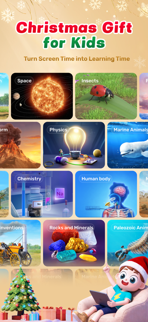 Cretapedia: Science Learning - Cretapedia app promotional banner for Christmas featuring science topics like space and biology for kids